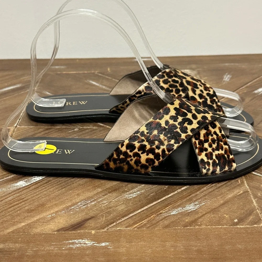 J. Crew Leopard Calf Hair Crisscross Slide Sandals Womens 7 Brown Leather B6690